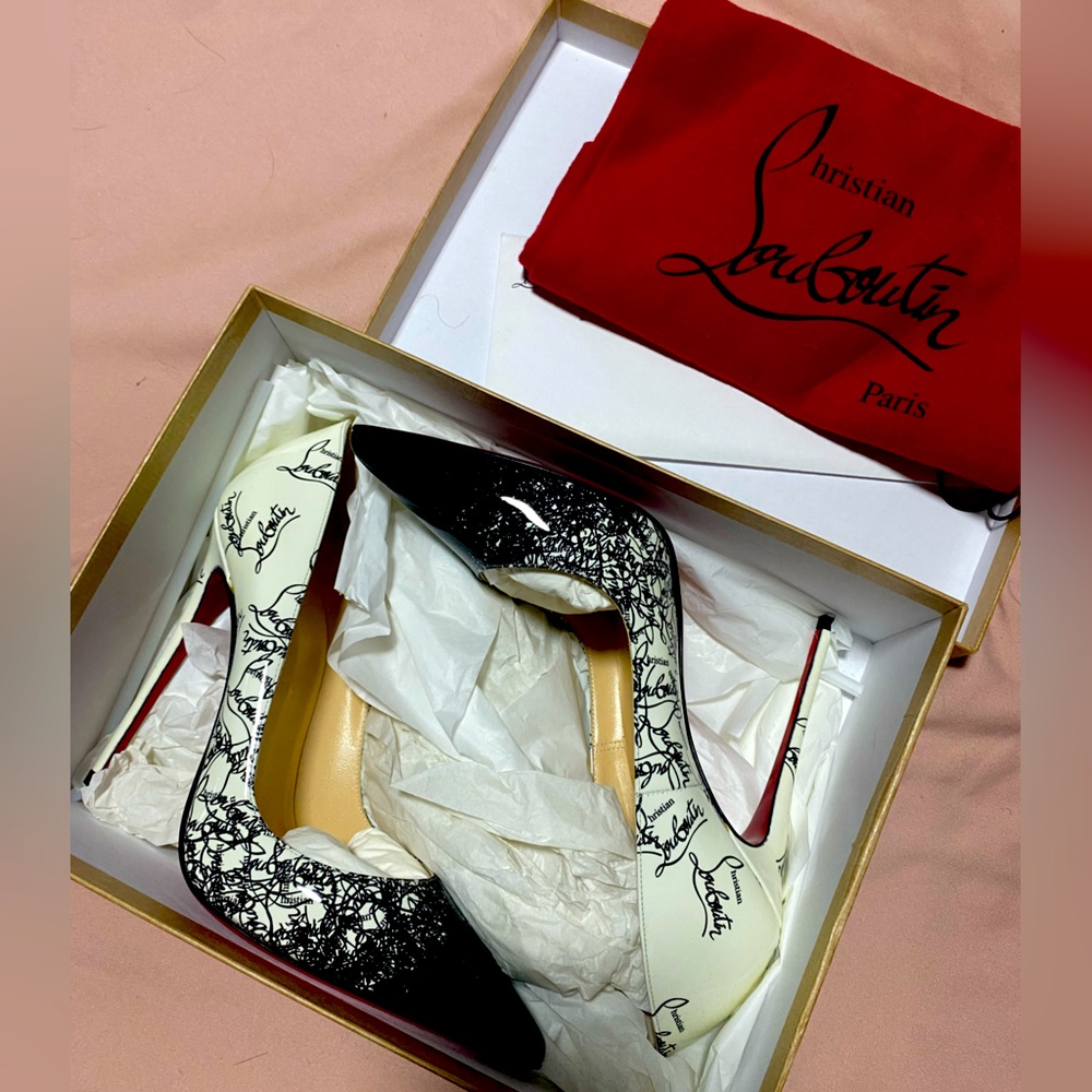 Louboutin Black & White So Kate 120 Pat Degraloubi Pump